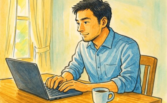 朝日が差し込むリビングでPC作業をする男性。傍らにはコーヒー。