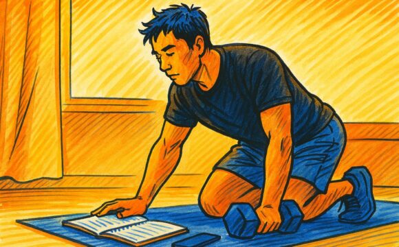 トレーニングマットが敷かれた部屋で自分の筋トレ記録を振り返っている男性